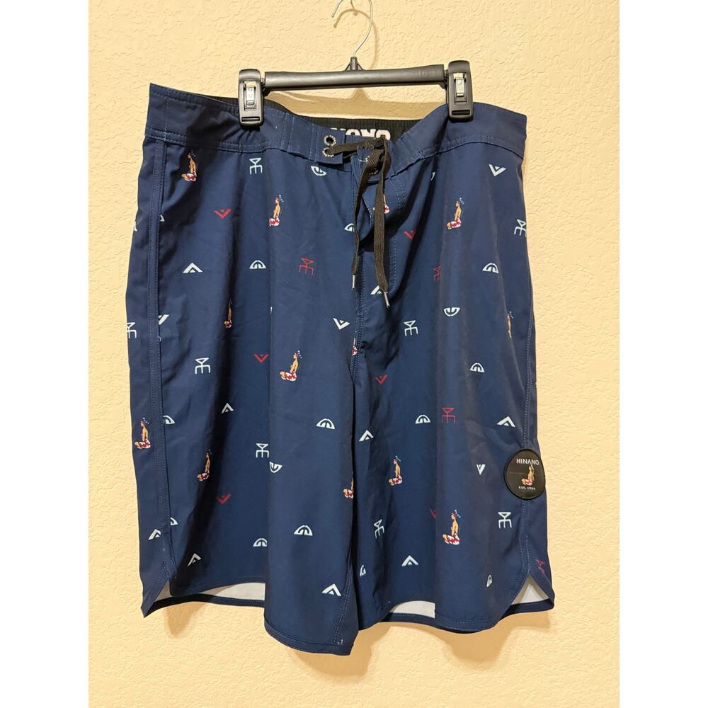Hinano Tahiti Men’s Swim Board Shorts Size 36‎ Navy Logo Print Polynesian Surf